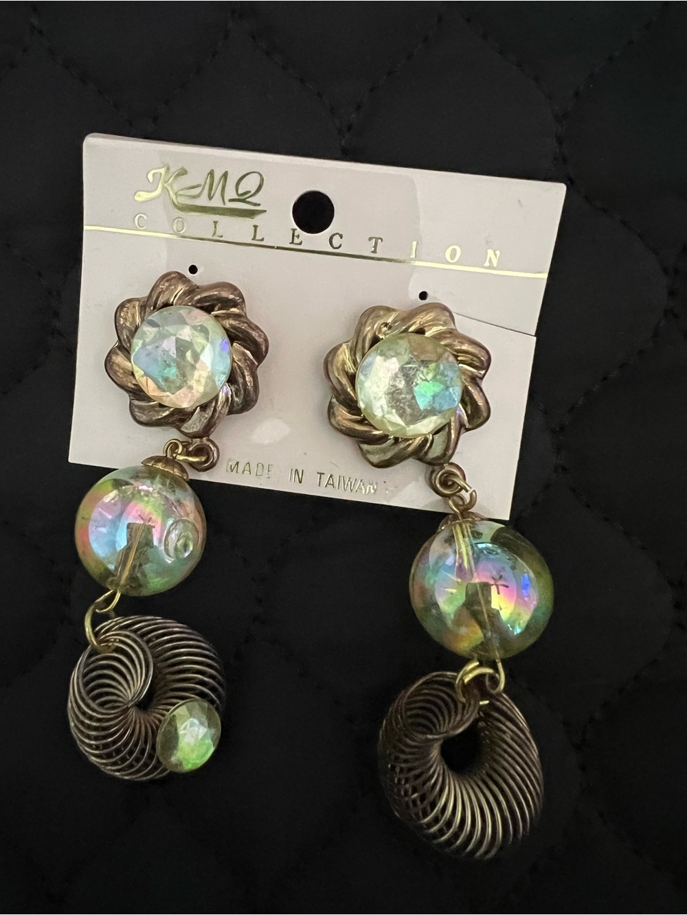 Moon Collection Iridescent Green Drop Dangle Earrings with Antiqued Gold Tone